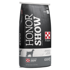 Purina Honor Show Lamb and Goat Creep 15 DX. Gray 50-lb bag of show feed.