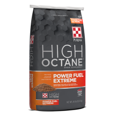 Purina High Octane Power Fuel Extreme Topdress for show animals. Gray and orange feed bag.